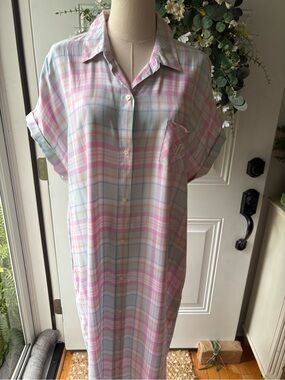 Ralph Lauren Pastel Pink Blue Plaid Button-Up Nightgown